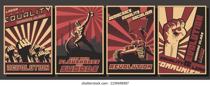 Vector Set of Retro Soviet Revolution Propaganda Posters Stylization