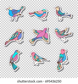 Vector set of retro sticky labels with birds. Bright colourful patches, stickers, embroidery and sticky labels on transparent background. 80s-90s style design.