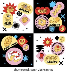 Vektorset in Retro-Stil Bäckerei Shop Aufkleber. Farbige Pflaster für Bäckereikaffee