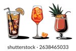 Vector set of retro style cocktails: Aperol Spritz, Long Island Iced Tea, Jungle Bird. Popular colorful alcohol drinks isolated on white background