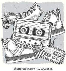 Vector set of retro style elements. Audio cassettes, sneakers, videos, gamepad.