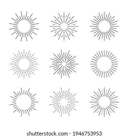 Vector set of retro style geometric shine icons, black circles isolated on white background, rays of explosions.