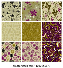Vector set of retro style seamless floral patterns with leafs. Autumn background