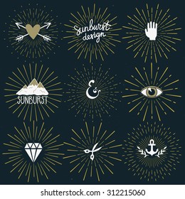 Vector Set Of Retro Sunburst Shapes And Elements For Your Design. Collection Of Vintage Light Rays And Hipster Icons. Hand Drawn Logos. Trendy Design Elements.