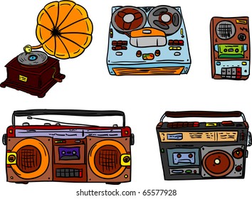 vector - set of retro tape players and gramophone