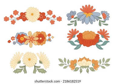 Vector set of retro text delimiters with groovy flowers isolated from background. Collection of hippie divider with various flowers and leaves. Floral separator design element