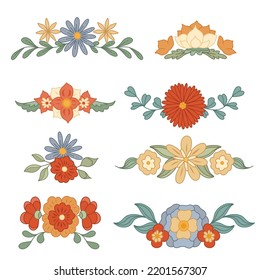 Vector set of retro text delimiters with groovy flowers isolated from background. Collection of hippie divider with various flowers and stems with leaves. Floral separator design element