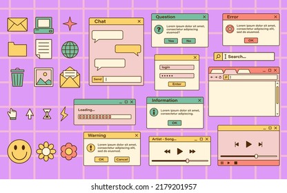 Vector Set Of Retro Vaporwave Computer Interface. Vintage Browser And Dialog Window Templates. Nostalgic OS. Retro Icons.