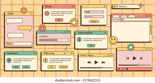 Vector set of retro vaporwave computer interface. Vintage browser and dialog window templates. Vector illustration of nostalgic UI and UX.