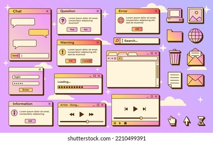 Vector set of retro vaporwave computer interface. Gradient browser and dialog window templates. Nostalgic OS. Retro icons.