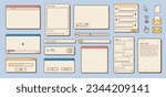Vector set of retro vaporwave desktop browser, dialog window, social media app templates. 80s 90s old computer UI elements and vintage aesthetic icons. Nostalgic retro operating system illustrations.