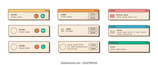Vector set of retro vaporwave desktop popup banners. Social media notification. Pop up box template for video call, reminder, email. 80s 90s old computer UI elements. Nostalgic retro operating system.