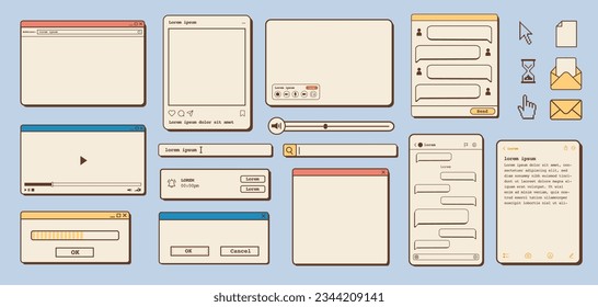 Vector set of retro vaporwave desktop browser, dialog window, social media app templates. 80s 90s old computer UI elements and vintage aesthetic icons. Nostalgic retro operating system illustrations.