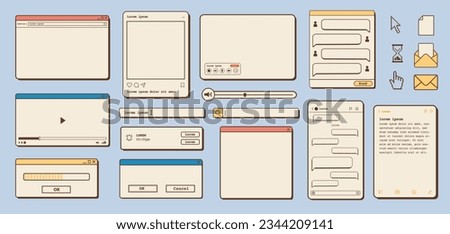 Vector set of retro vaporwave desktop browser, dialog window, social media app templates. 80s 90s old computer UI elements and vintage aesthetic icons. Nostalgic retro operating system illustrations.