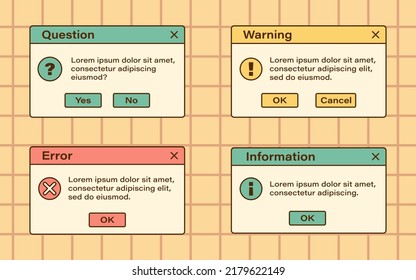 Vector set of retro vaporwave modal windows. Vintage error, information, warning and question dialog windows. Nostalgic UI. Retro computer interface.