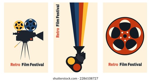 Conjunto de vectores de afiches verticales retro con cámara de película vintage y carrete de película. Plantilla para fondos de festival de cine.Ilustración vectorial