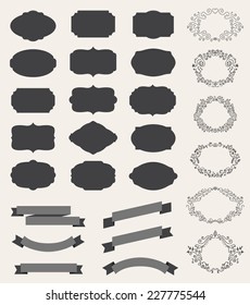 vector set of retro vintage labels, blank frames, hand drawn frames and ribbons isolated