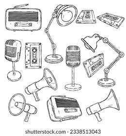 Vector set of retro vintage mic, audio cassette, radio, desk lamp, loudspeaker isolated on white. Announcement, advertasind, music set 
