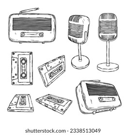Conjunto de vectores de micrófono retro vintage, audio cassette, radio aislada en blanco. Anuncio, advertasind, conjunto de música 