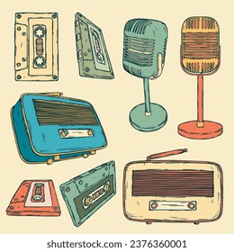 Vector set of retro vintage mic, audio cassette, radio isolated on white. Announcement, advertasind, music set