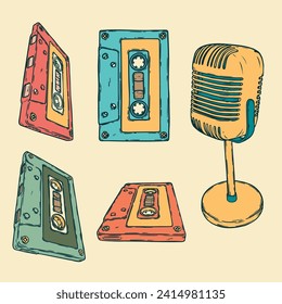 Vector set of retro vintage mic, audio cassette isolated on white. Announcement, advertasind, music set