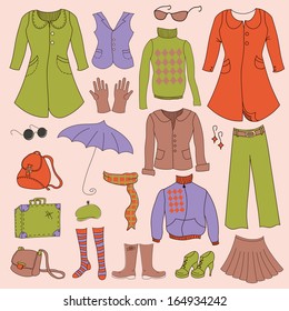 Vector set, retro woman clothes, hipster collection