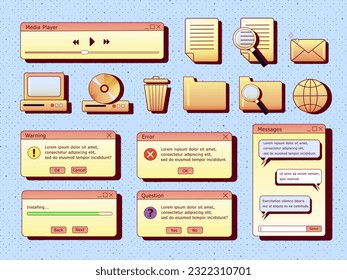 Vector set of retro y2k computer interface. Gradient icons and dialog window templates. Nostalgic OS. Retro icons.