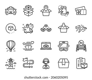 Vector set of Return package, Parcel shipping and Packing boxes line icons set. Package location, Flight destination and Boarding pass icons. Return package web symbol. Vector