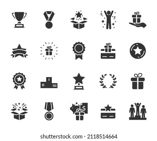 Vektorset von Belohnungsflachsymbolen. Enthält Symbole Preis, Trophäe, Gewinner, Geschenk, Treueprogramm, Bonuskarte und mehr. Pixel perfekt.