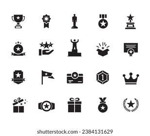 Vector set of reward flat icons. Contains icons prize, trophy, winner, gift, loyalty program, bonus card and more. Pixel perfect. stock illustration	