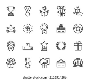 Vector set of reward line icons. Contains icons prize, trophy, winner, gift, loyalty program, bonus card and more. Pixel perfect.