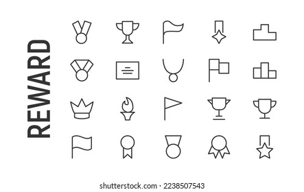 Vector set of reward thin line icons. Design of 20 stroke pictograms. Signs of reward isolated on a white background.