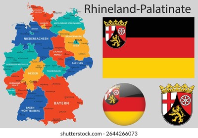 Vector set of Rhineland-Palatinate including the official flag, coat of arms, and updated map. Part of the complete German flag and emblem collection.