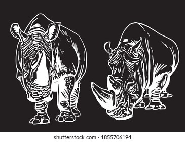 Conjunto vectorial de rinocerontes aislados en fondo negro, ilustración