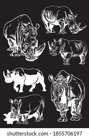 Vector set of rhinoceroses isolated on black background,  illustration