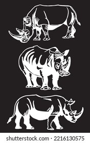 Vector set of rhinoceroses on black isolated,graphical drawing. Stylish print elements, savanna habitant