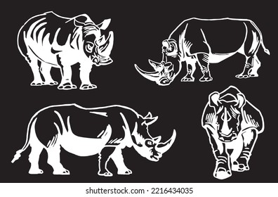Vector set of rhinoceroses on black isolated,graphical drawing. Stylish print elements, savanna habitant