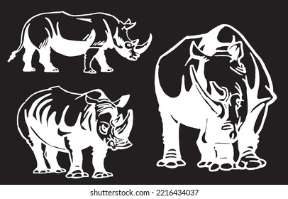 Vector set of rhinoceroses on black isolated,graphical drawing. Stylish print elements, savanna habitant