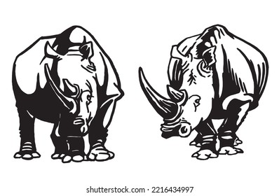 Vector set of rhinoceroses on white isolated,graphical drawing. Stylish print elements, savanna habitant