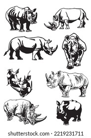 Vector set of rhinoceroses on white isolated,graphical drawing. Stylish print elements, savanna habitant