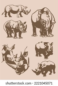Vector set of rhinoceroses . Stylish vintage print elements, savanna habitant on sepia background