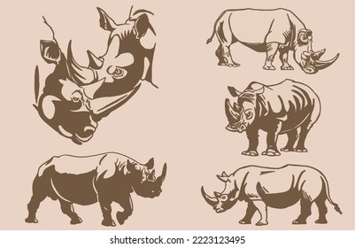 Vector set of rhinoceroses . Stylish vintage print elements, savanna habitant on sepia background