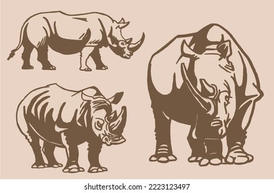 Vector set of rhinoceroses . Stylish vintage print elements, savanna habitant on sepia background