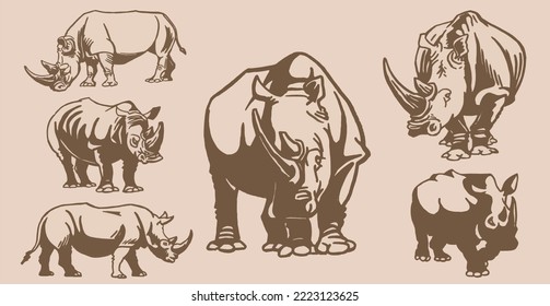 Vector set of rhinoceroses . Stylish vintage print elements, savanna habitant on sepia background