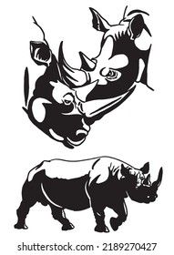 Vector set of rhinos on white isolated, horned wild animal,graphical illustration