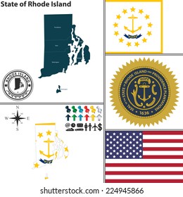 Vector set of Rhode Island state with seal, flag and icons on white background