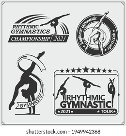 Vector set of rhythmic gymnastics silhouettes. Female silhouettes of gymnasts. Sport icons, sport logos.