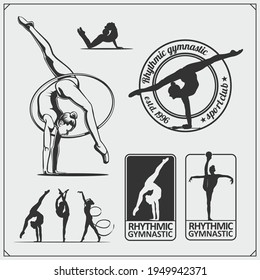Vector set of rhythmic gymnastics silhouettes. Female silhouettes of gymnasts. Sport icons, sport logos.