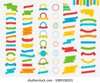 Vector set of ribbon, award and sunburst colorful flat style set isolated on transparent background for decoration, logo, emblem, tag, badge. 10 eps
