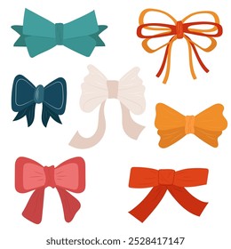 Vector Set of ribbon bows in flat style, clip art, stickers. 